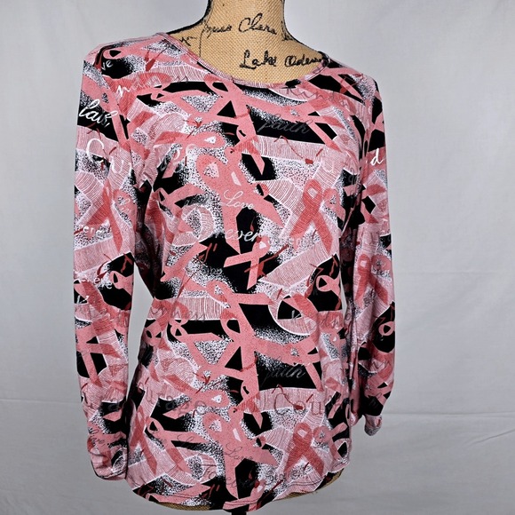 Peter Nygard Long Sleeve Breast Cancer Awareness Ribbon Print Silky Top Womens M - Picture 2 of 12